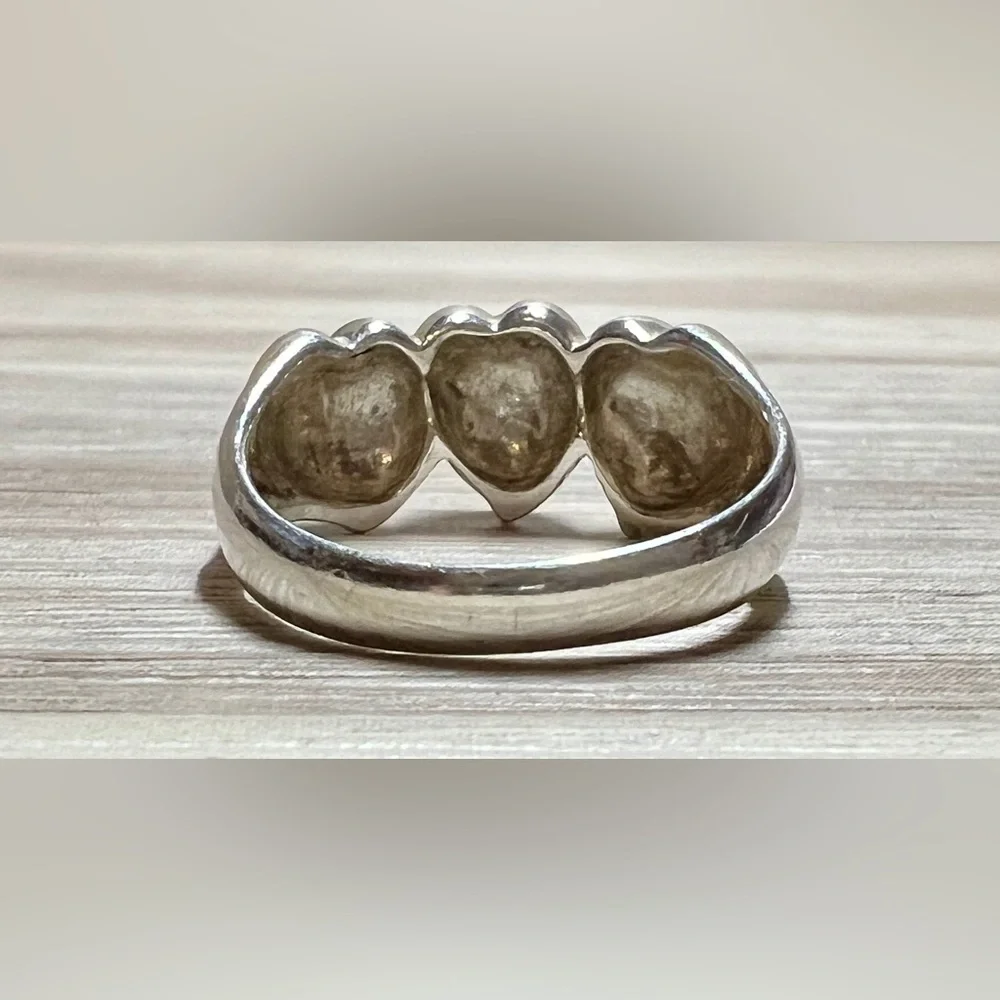 Vintage Handmade Sterling Silver Triple Heart Band Ring, Size 5.75, 3.2g